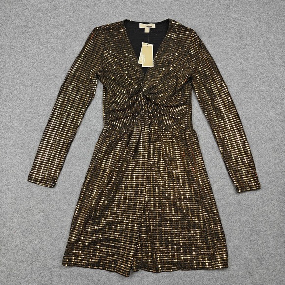 Michael Kors Dresses & Skirts - Michael Kors Dress‎ Womens Medium Gold Sequin Fit & Flare V Neck Short $155 New